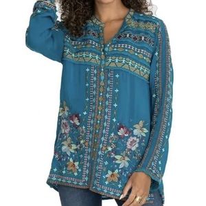 Johnny Was Dover Embroidered Floral Blouse Cerulean Blue Size XXSmall NWT
